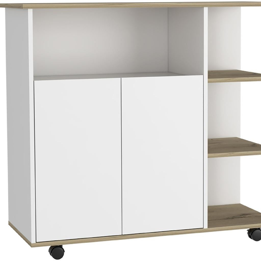 39" Oak and White Wood Rolling Kitchen Island With Storage