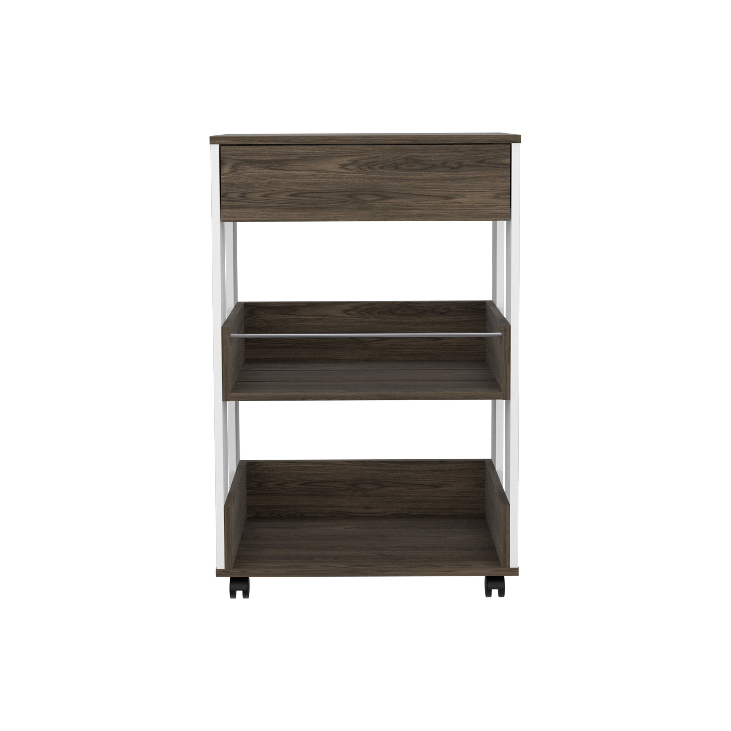 23" Dark Brown and White Wood Rolling Kitchen Cart With Storage