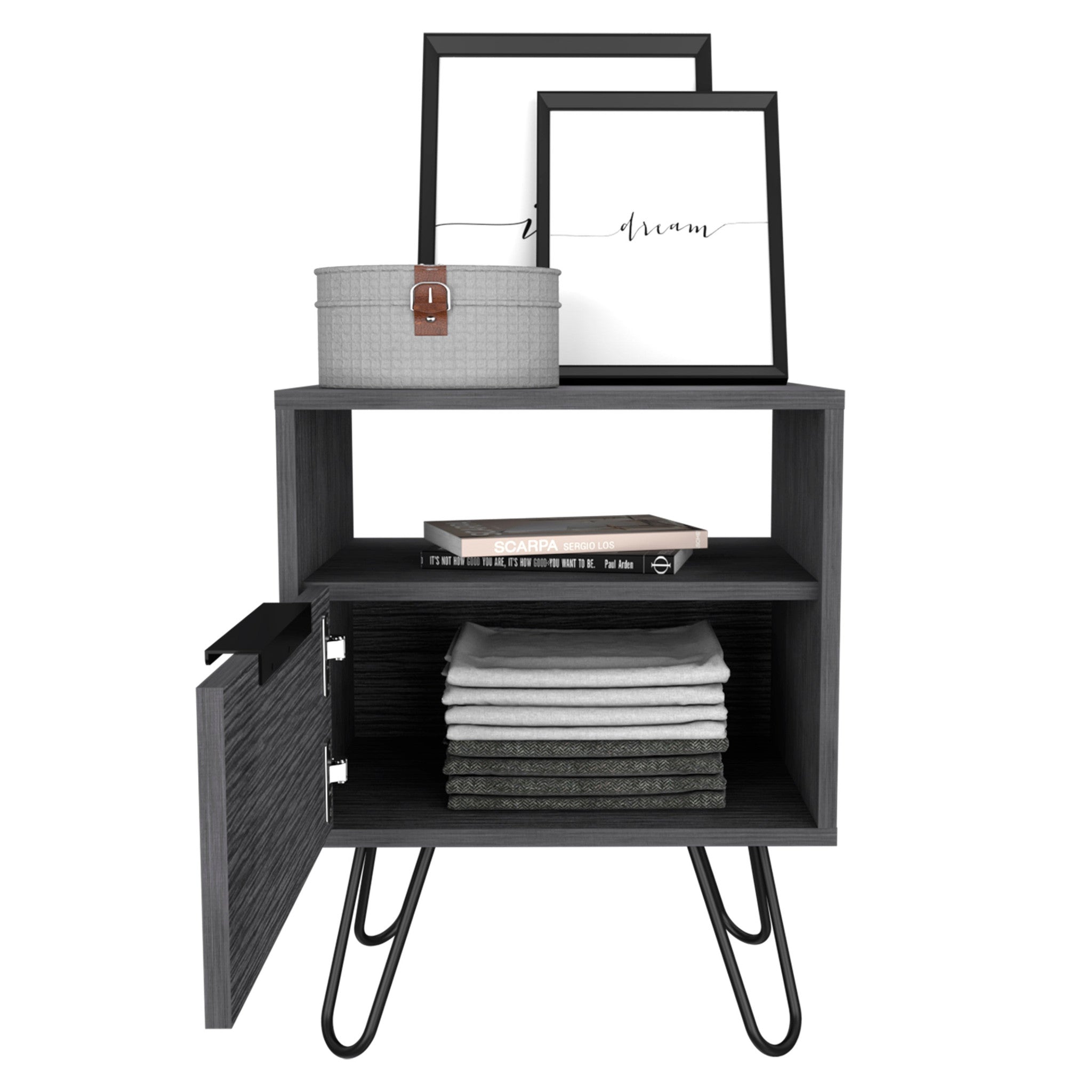 22" Gray Faux Wood Nightstand With Storage