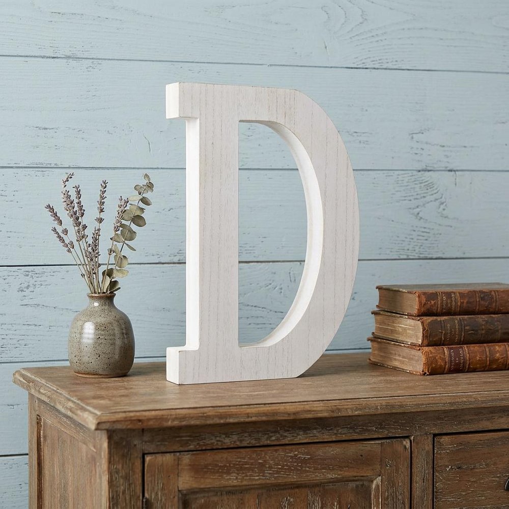 16" Distressed White Wash Wooden Initial Letter D Sculpture