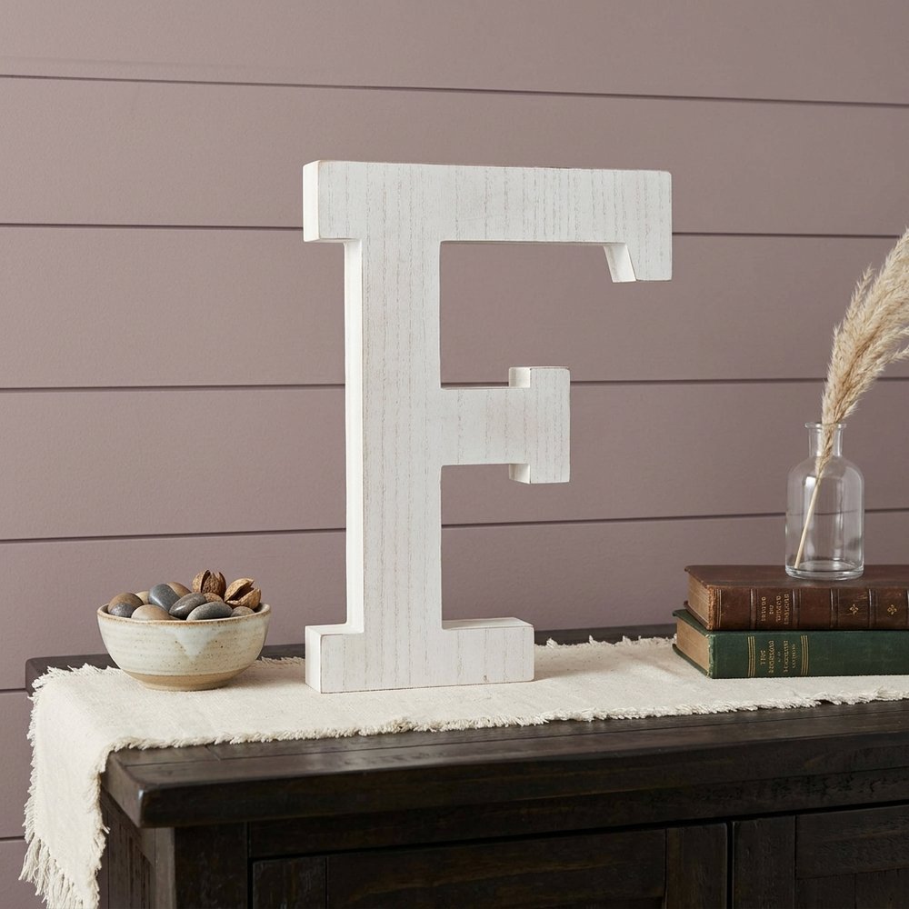 16" Distressed White Wash Wooden Initial Letter F Sculpture