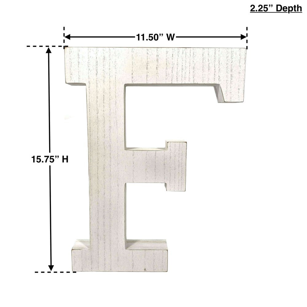 16" Distressed White Wash Wooden Initial Letter F Sculpture