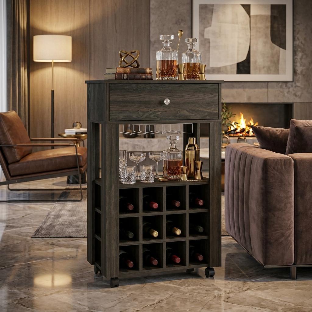 Espresso Rolling Bar Cart With Wine Storage