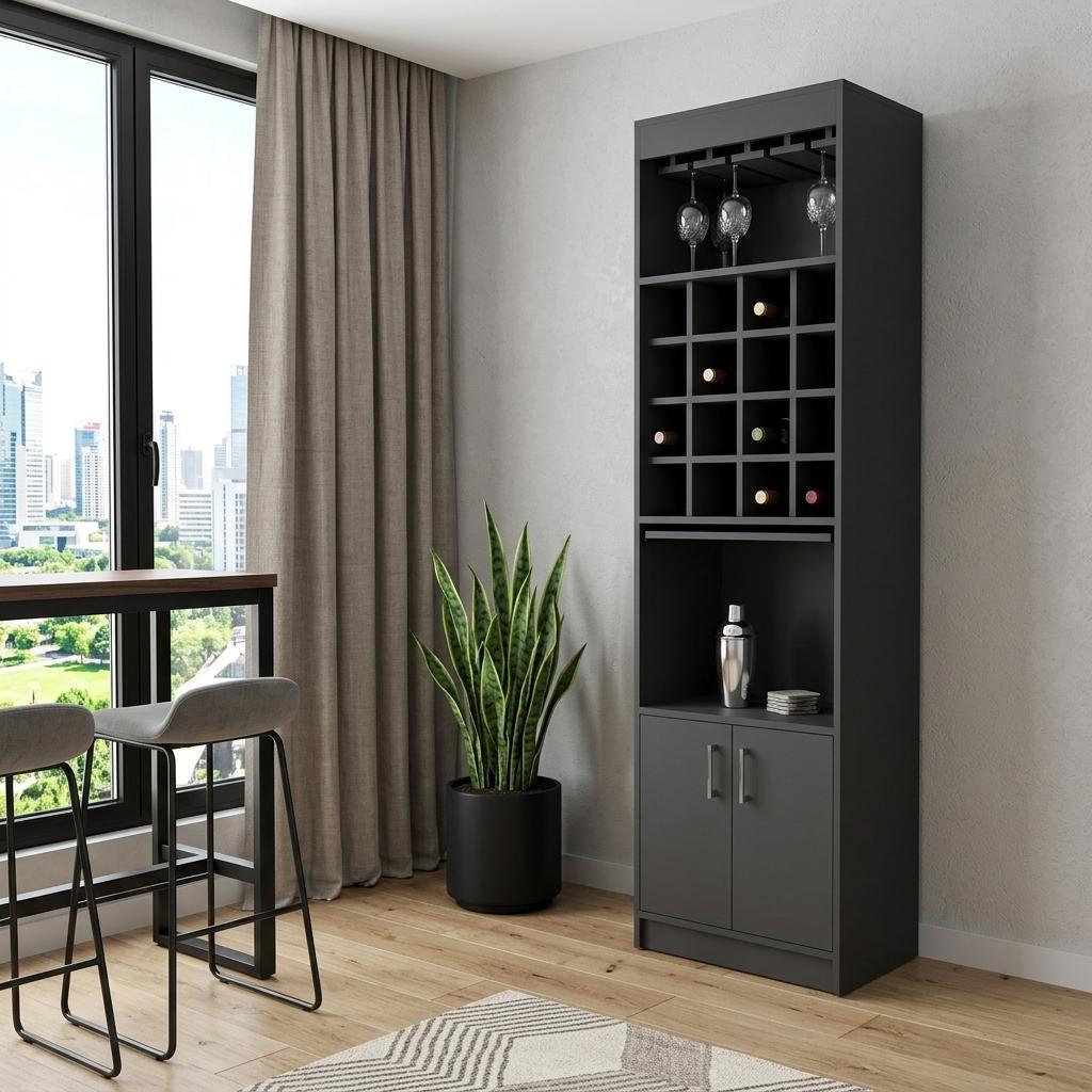 24" Black Bar Cabinet With Eighteen Shelves