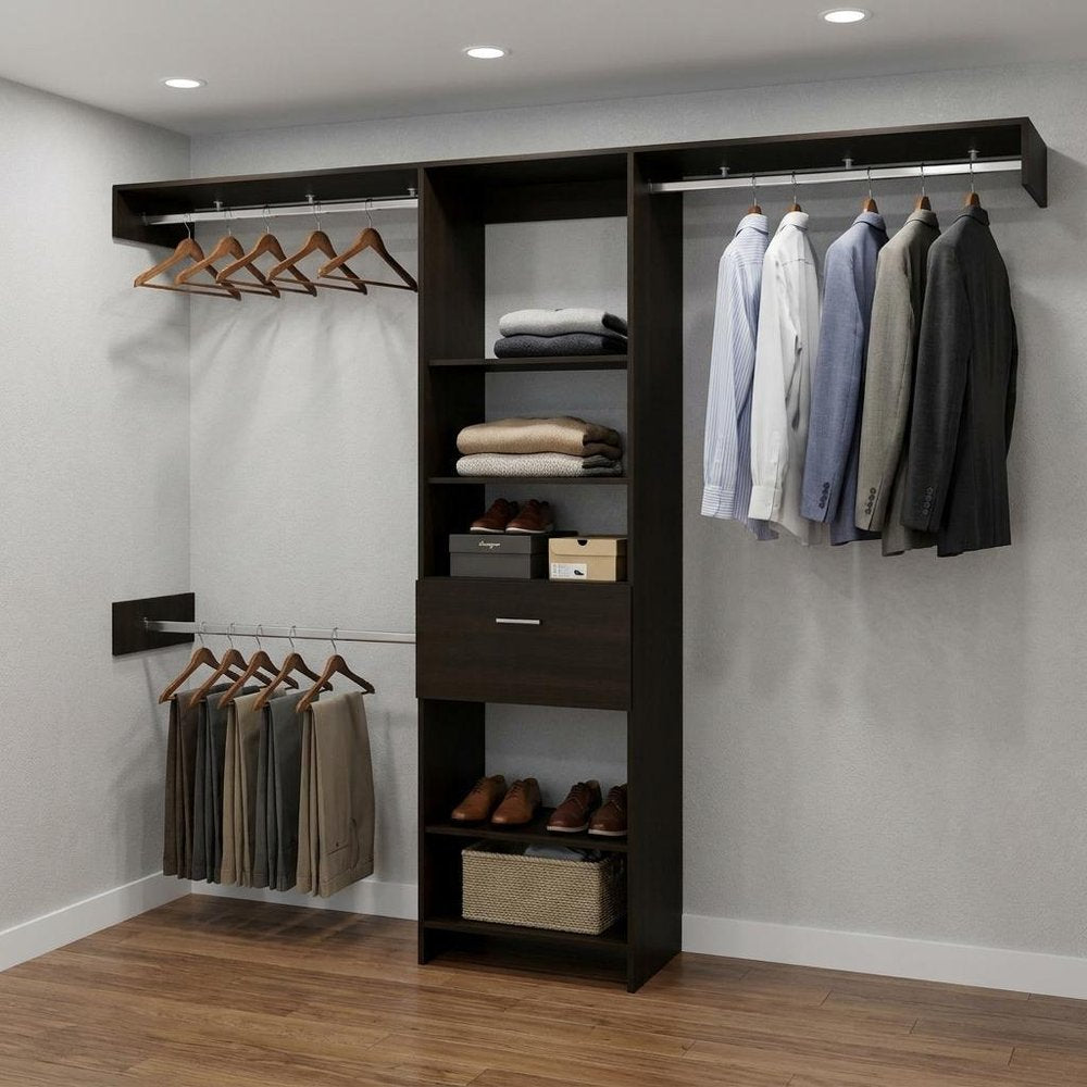 98" Dark Brown Wood And Metal Closet System
