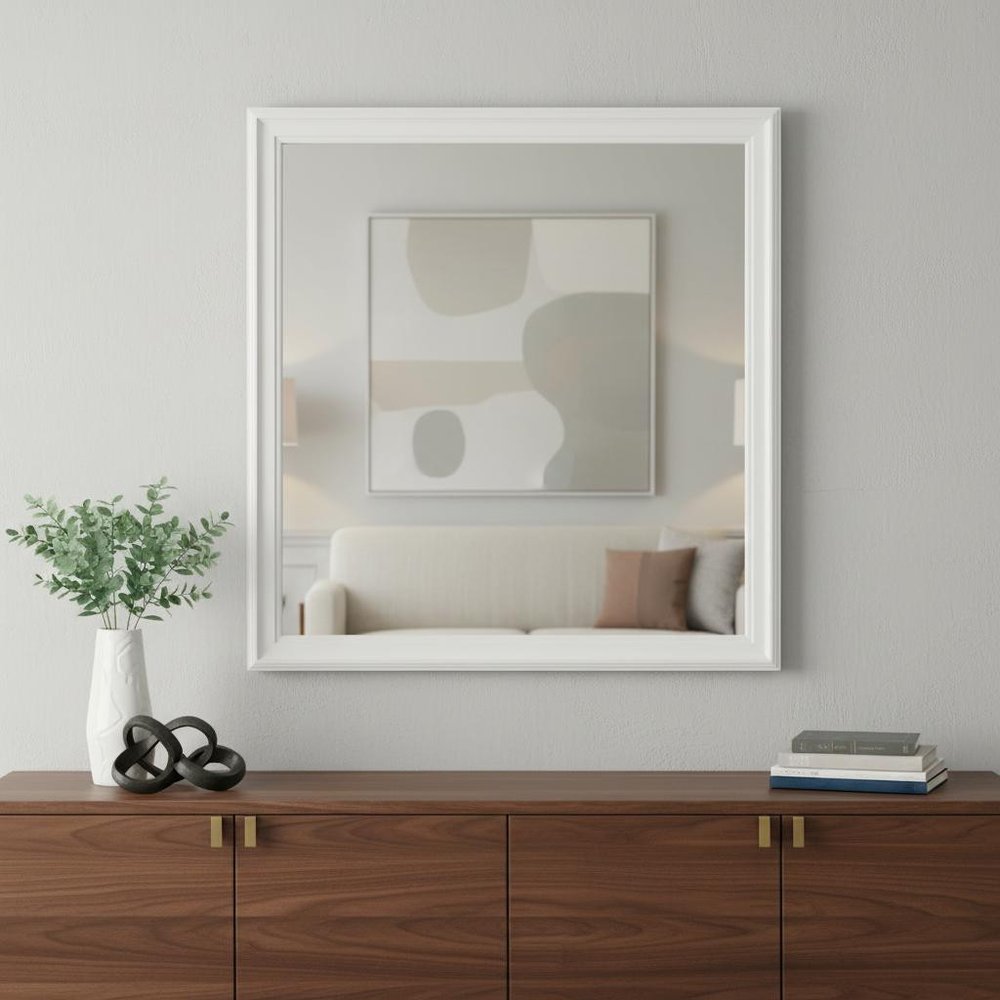 38" White Square Wood Framed Accent Mirror