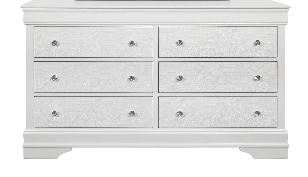 58" Metallic White Solid Wood Six Drawer Double Dresser