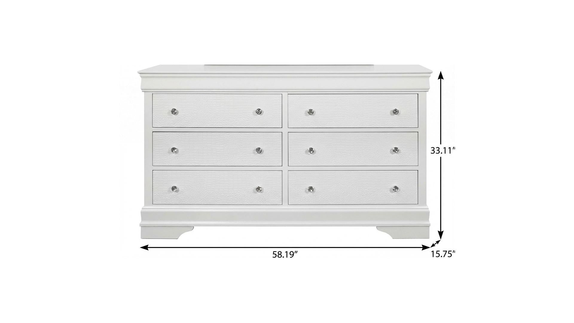 58" Metallic White Solid Wood Six Drawer Double Dresser