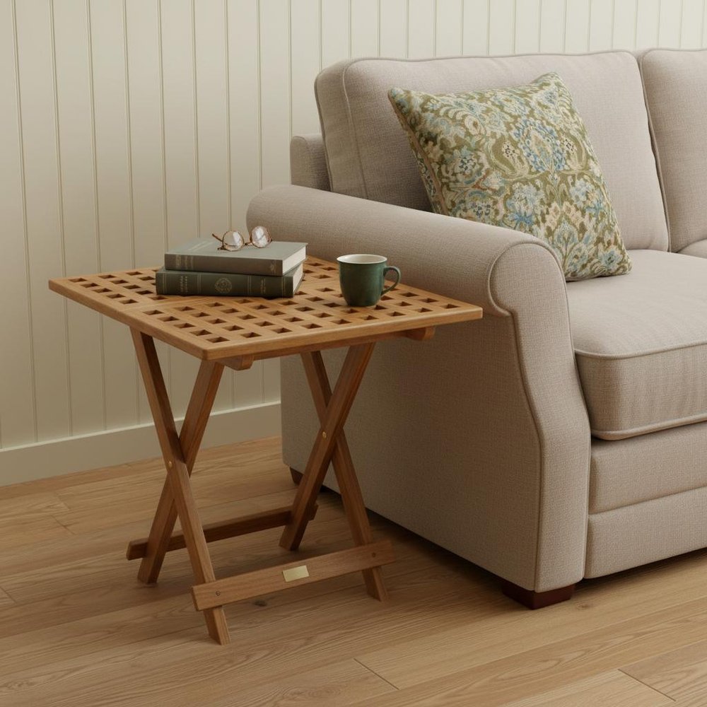 19" Brown Solid Teak Wood Square Indoor Outdoor Folding End Table