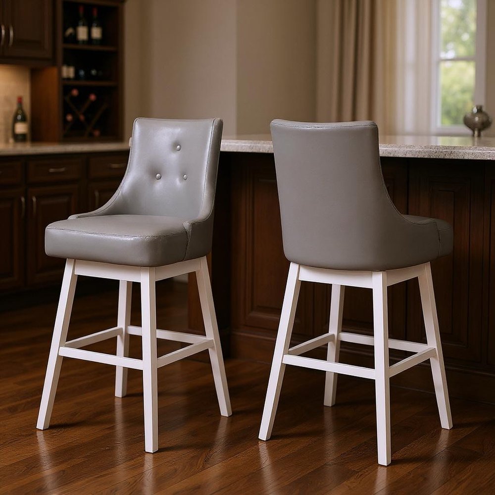 Set of Two 29" Gray And White Faux Leather And Fabric And Solid Wood Bar Height Swivel Bar Chairs