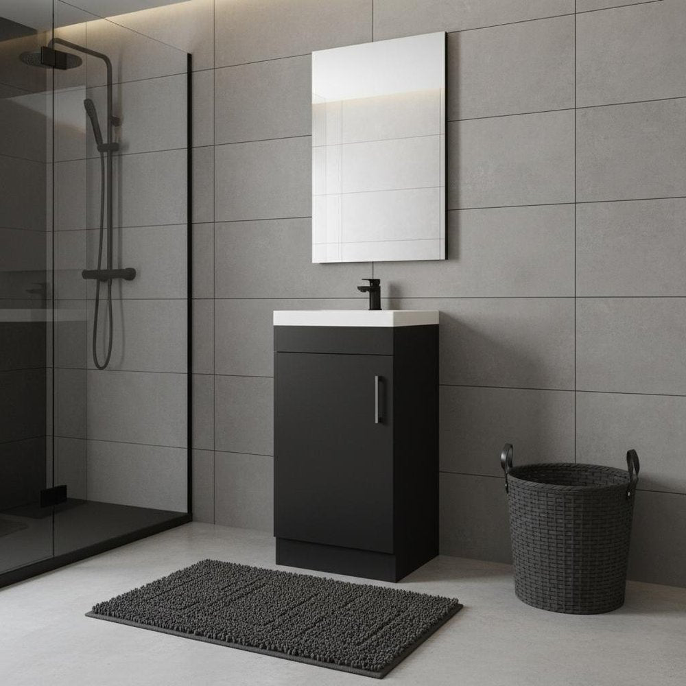 16" Black Wood Freestanding Single Door Bathroom Vanity With White Sink