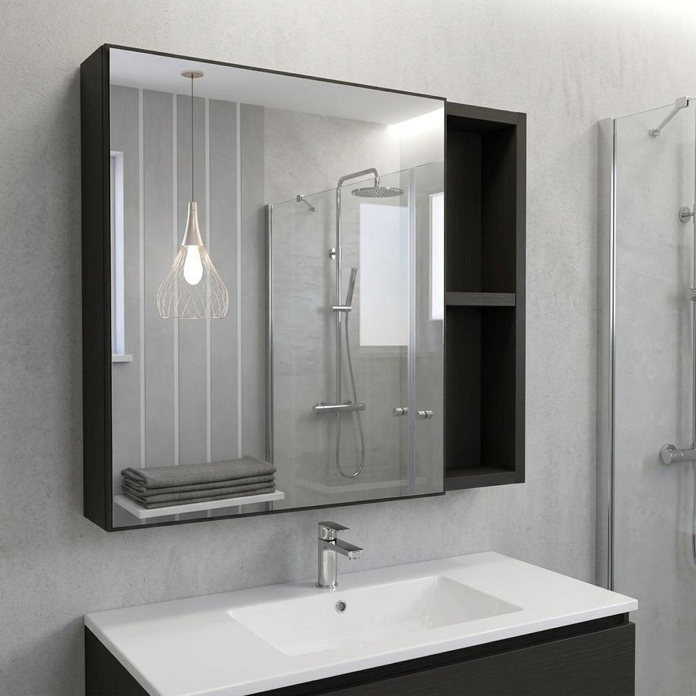 20" Black Wood Floating Single Door Bathroom Vanity And Medicine Cabinet With Mirror