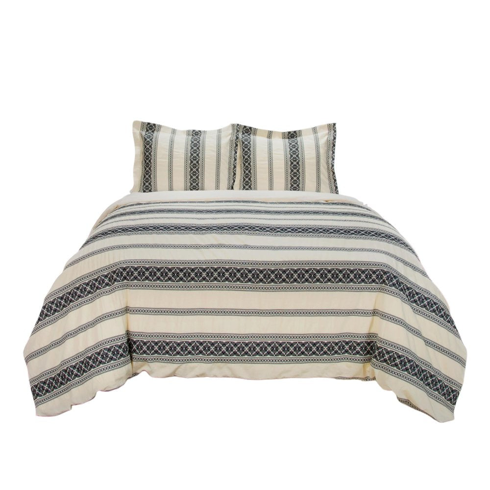 Black And Ivory Queen Cotton Washable Polyester Duvet Cover Set With Two Shams