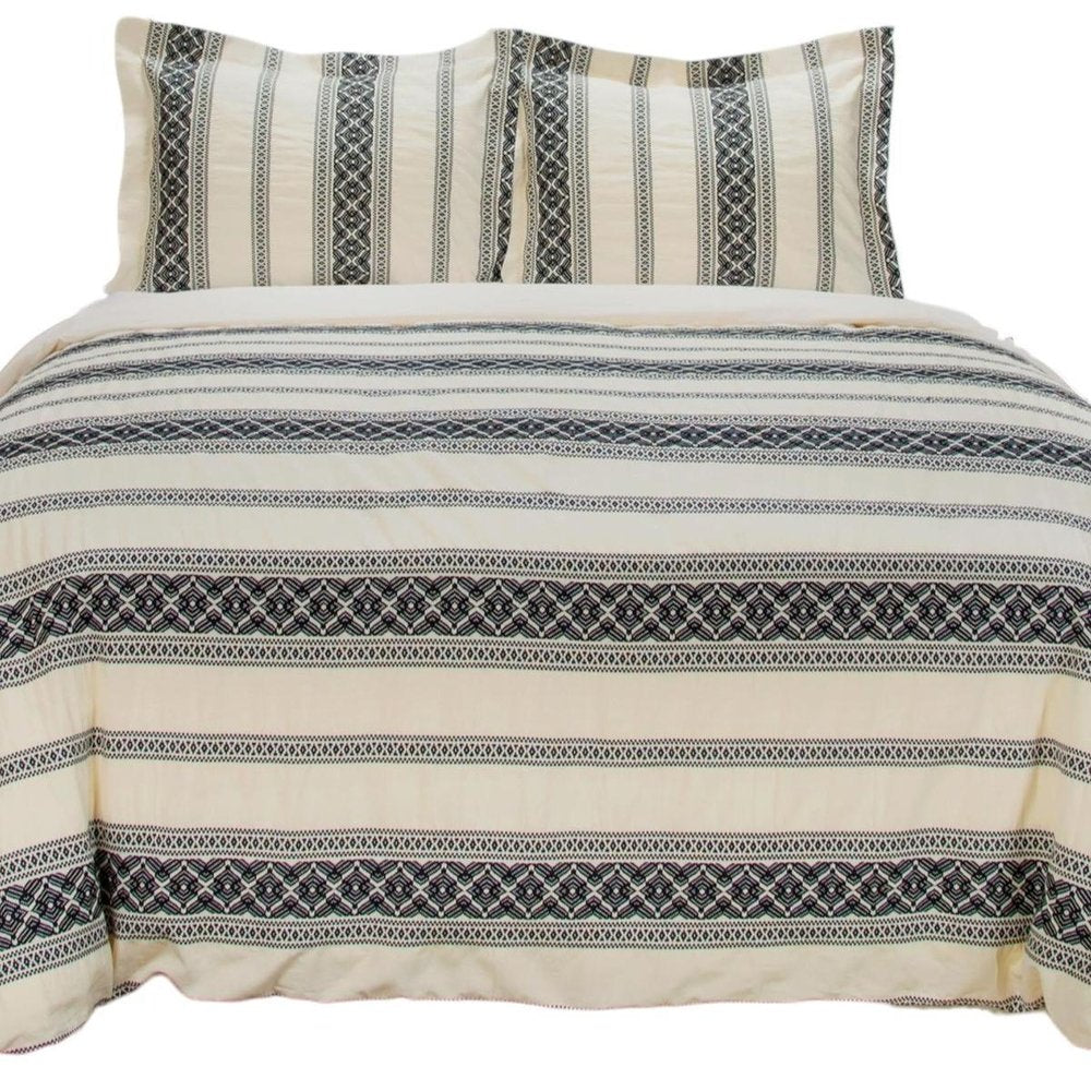 Black And Ivory Queen Cotton Washable Polyester Duvet Cover Set With Two Shams