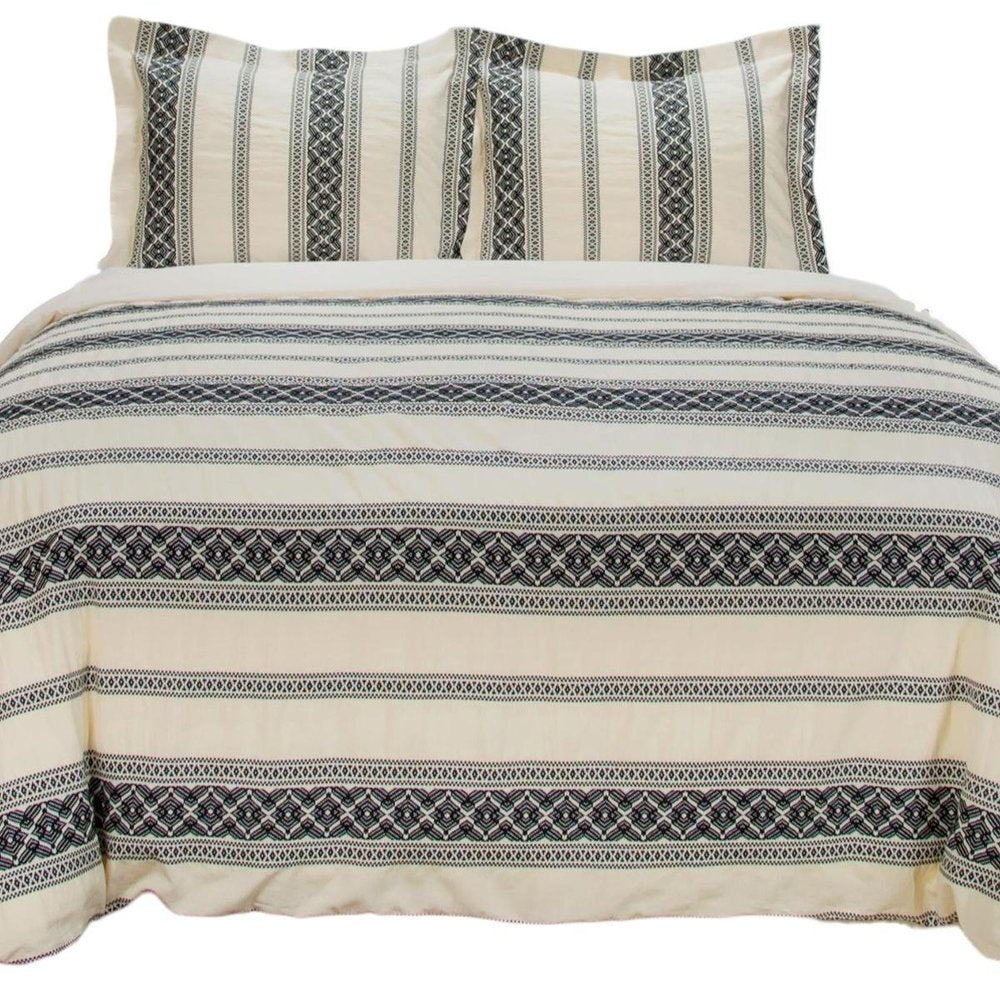 Black And Ivory Queen Cotton Washable Polyester Duvet Cover Set With Two Shams