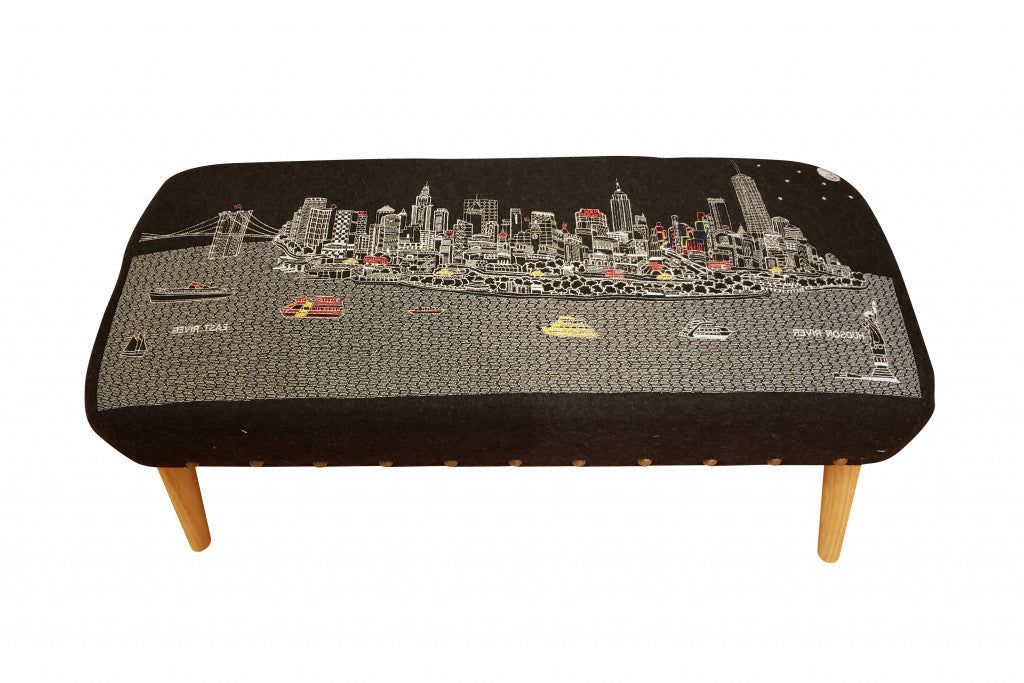 38" Gray Wool and Brown Ottoman