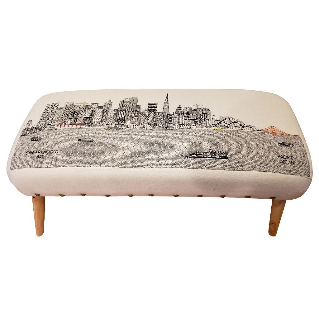 38" Cream Wool and Brown Ottoman
