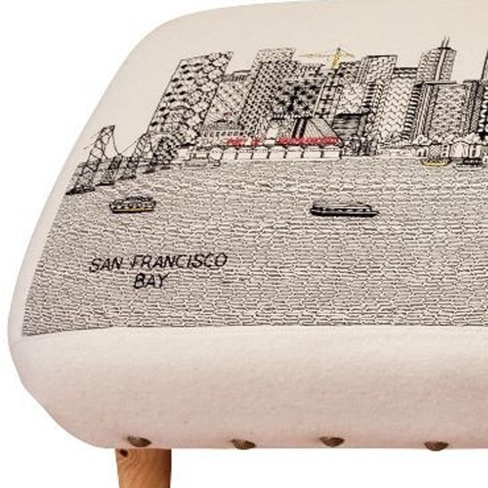 38" Cream Wool and Brown Ottoman