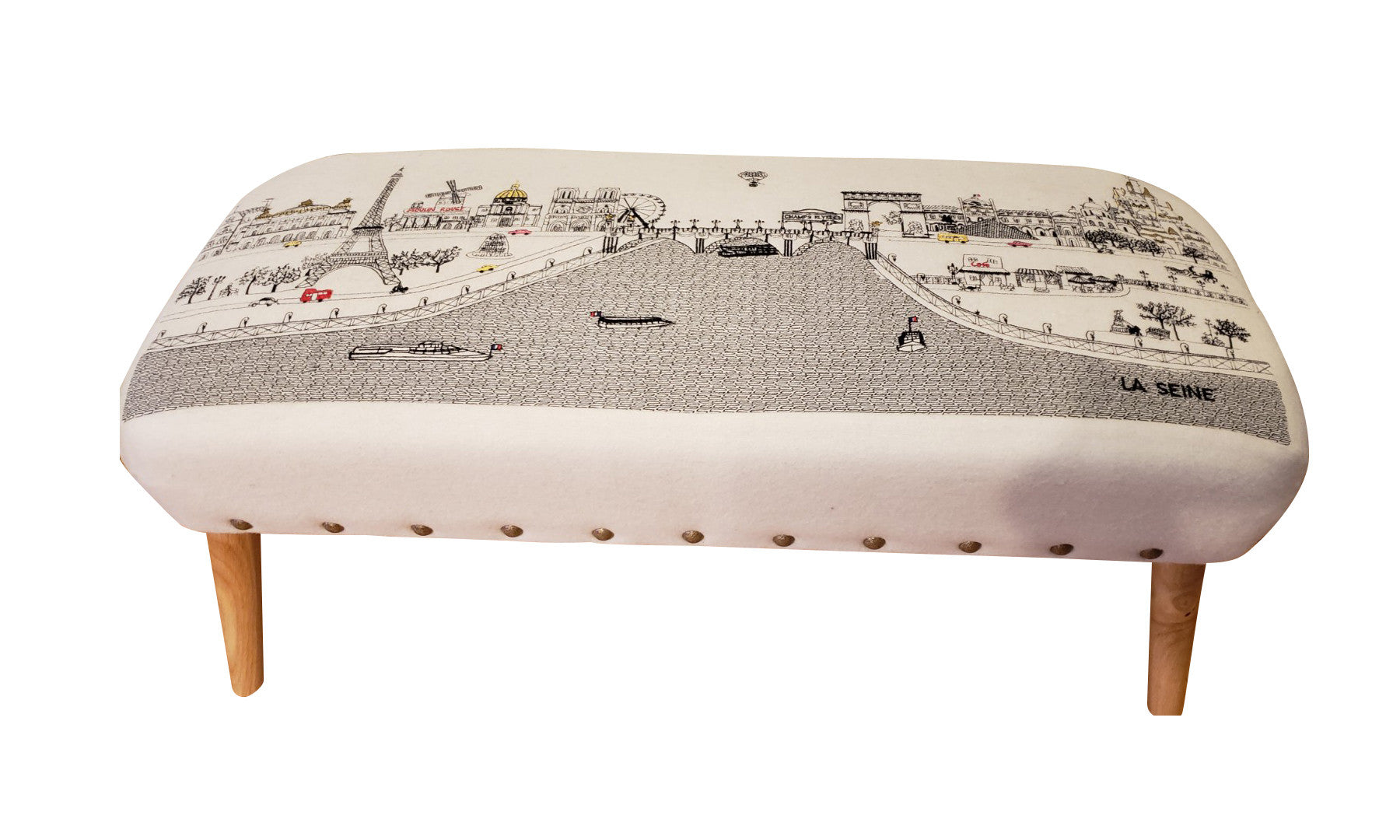38" Cream Wool and Brown Ottoman
