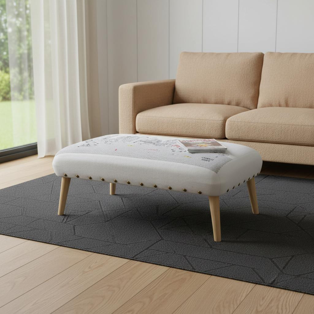 38" Cream And Natural Boston Daytime Skyline Embroidered Ottoman