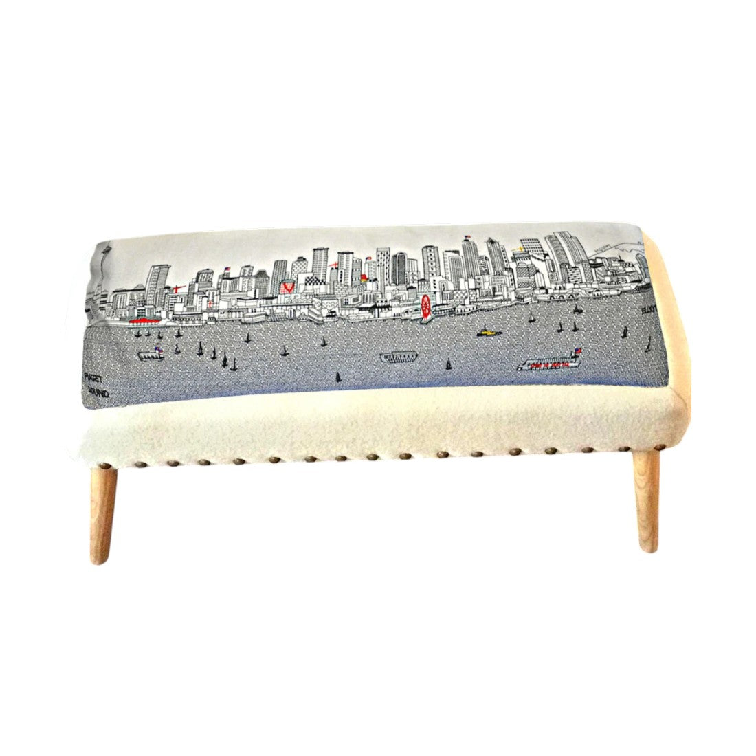 38" Cream Wool and Brown Ottoman