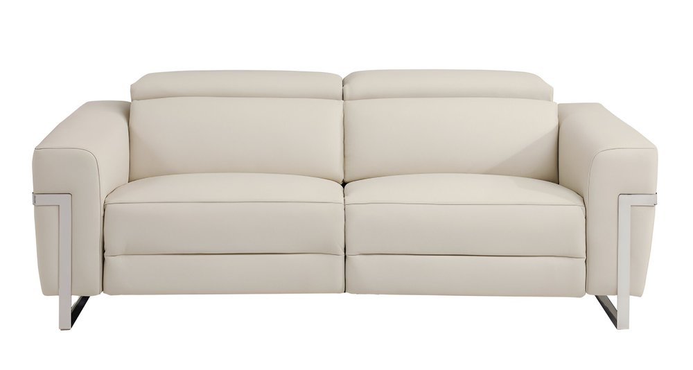 83" White Italian Leather USB Reclining Sofa With Black Legs