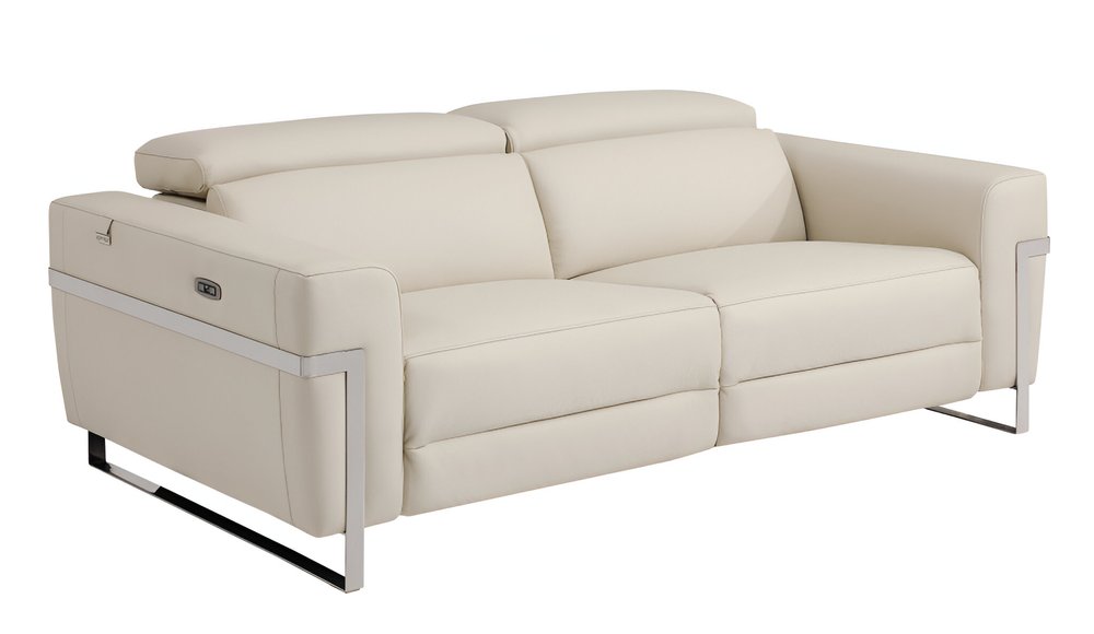 83" White Italian Leather USB Reclining Sofa With Black Legs