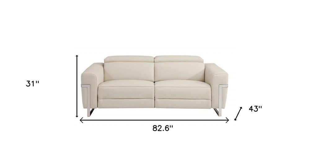 83" White Italian Leather USB Reclining Sofa With Black Legs
