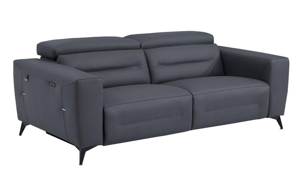 83" White Italian Leather USB Reclining Sofa With Black Legs
