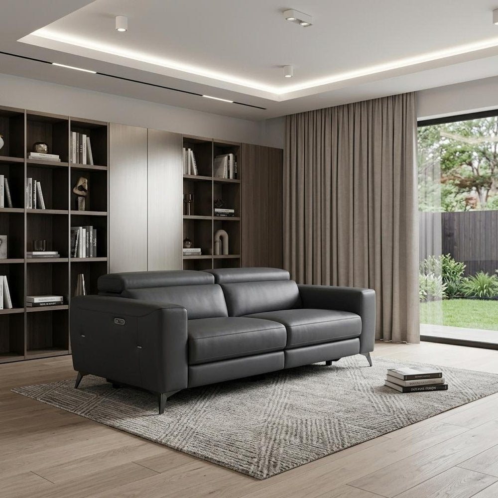 83" Beige Italian Leather USB Reclining Sofa With Silver Legs