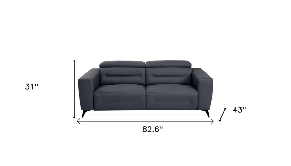 83" White Italian Leather USB Reclining Sofa With Black Legs
