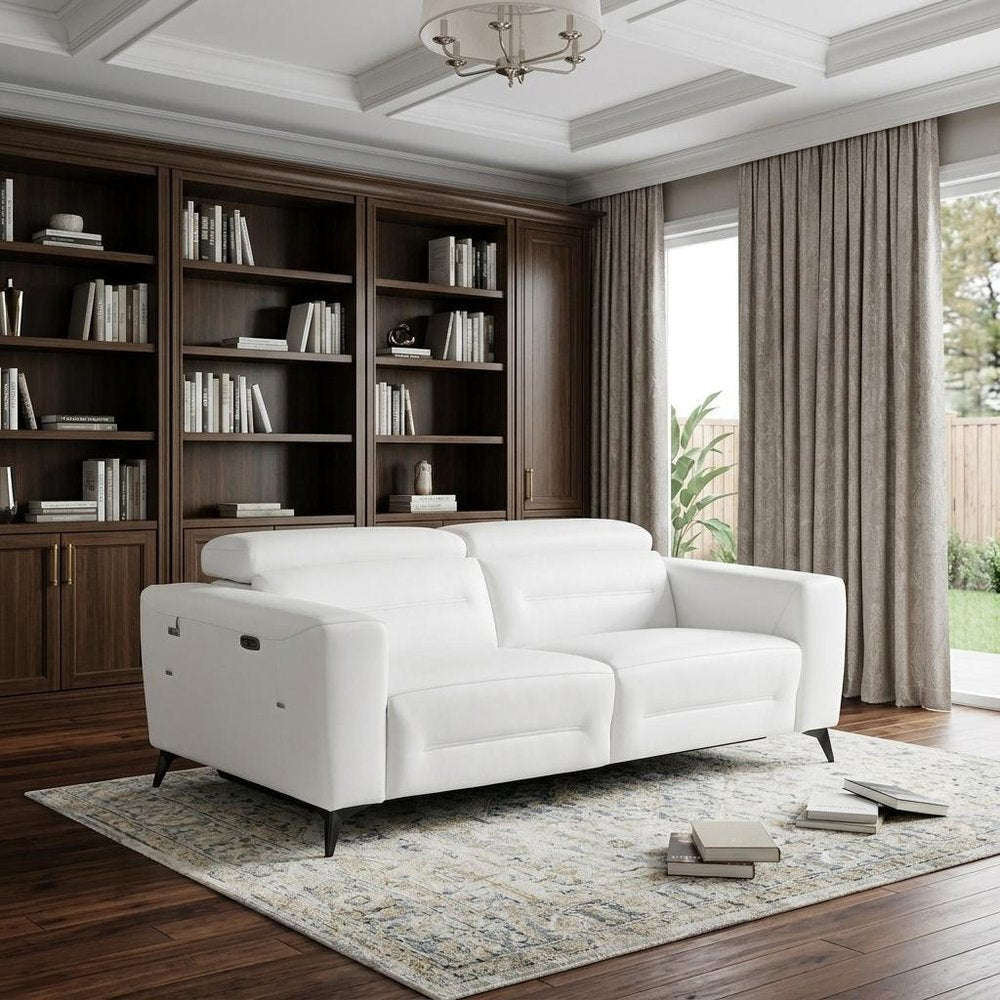 83" Beige Italian Leather USB Reclining Sofa With Silver Legs