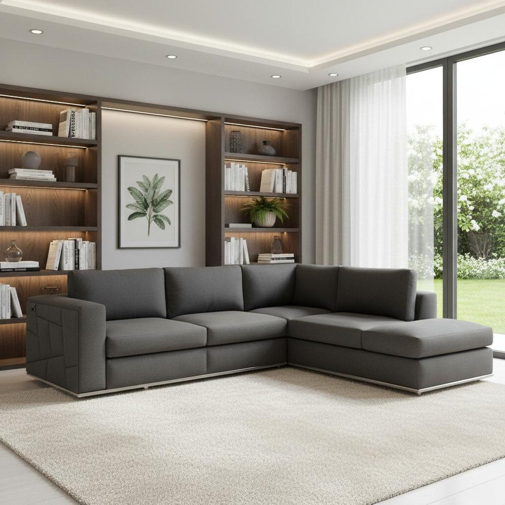 Dark Gray Italian Leather Modular L Shaped Two Piece Corner Sectional