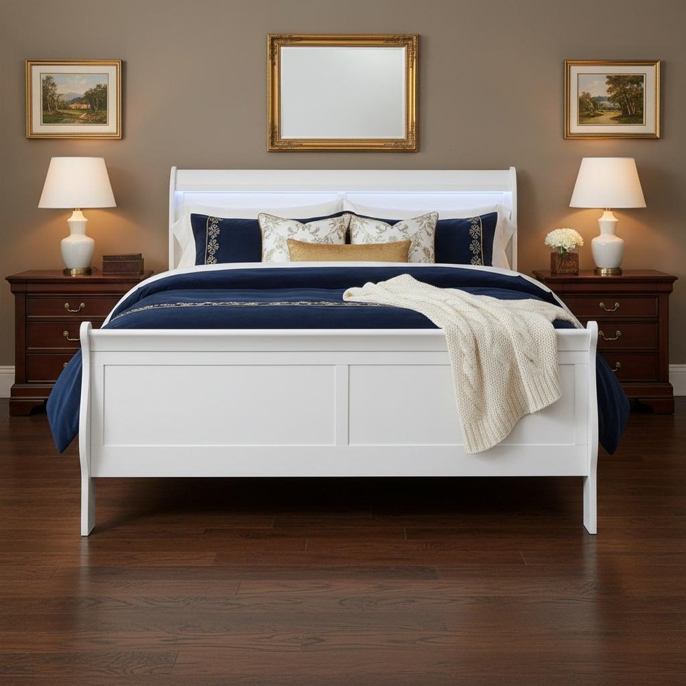 White Carved Geometric Wood King Bed Frame