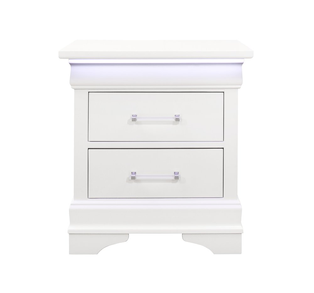 24" White Wood Lighted Two Drawer Nightstand