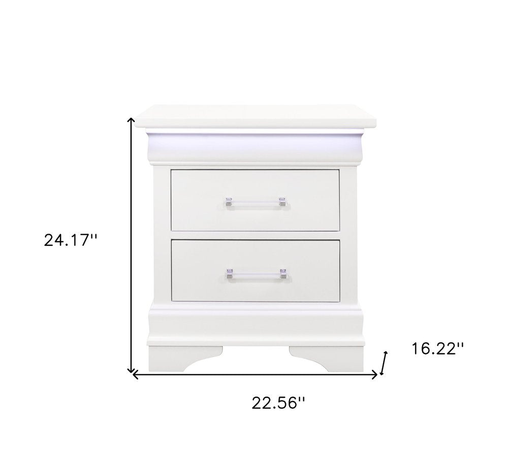 24" White Wood Lighted Two Drawer Nightstand