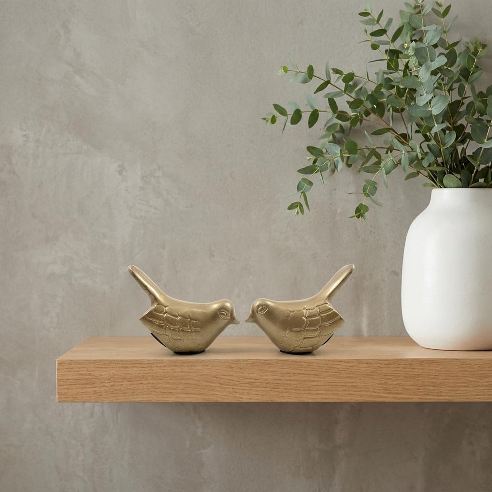 Set of Two Gold Metal Bird Tabletop Sculpture