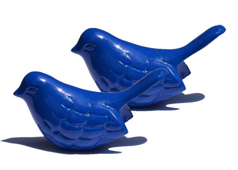 Set of Two Blue Metal Bird Tabletop Sculpture