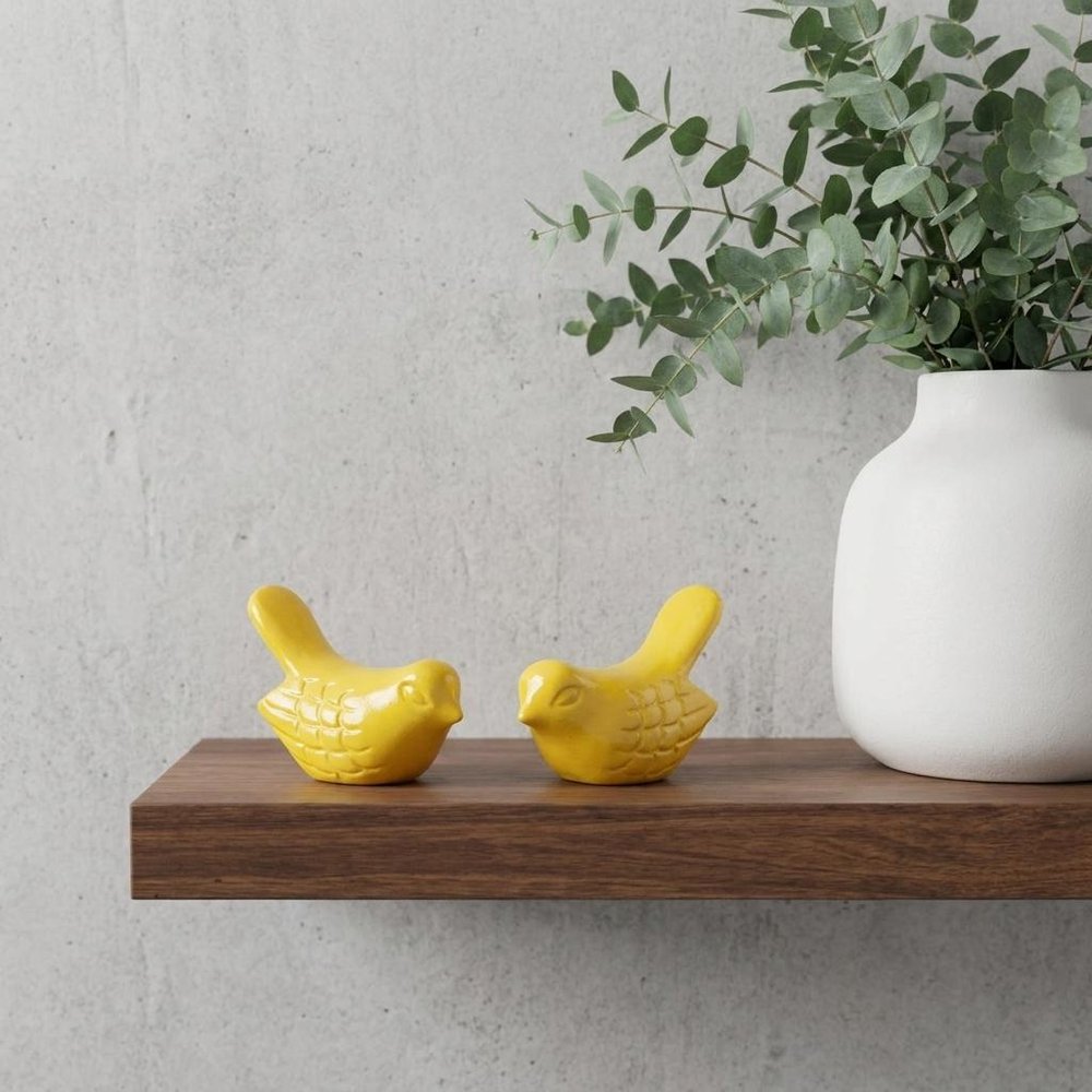 Set of Two Yellow Metal Bird Tabletop Sculpture