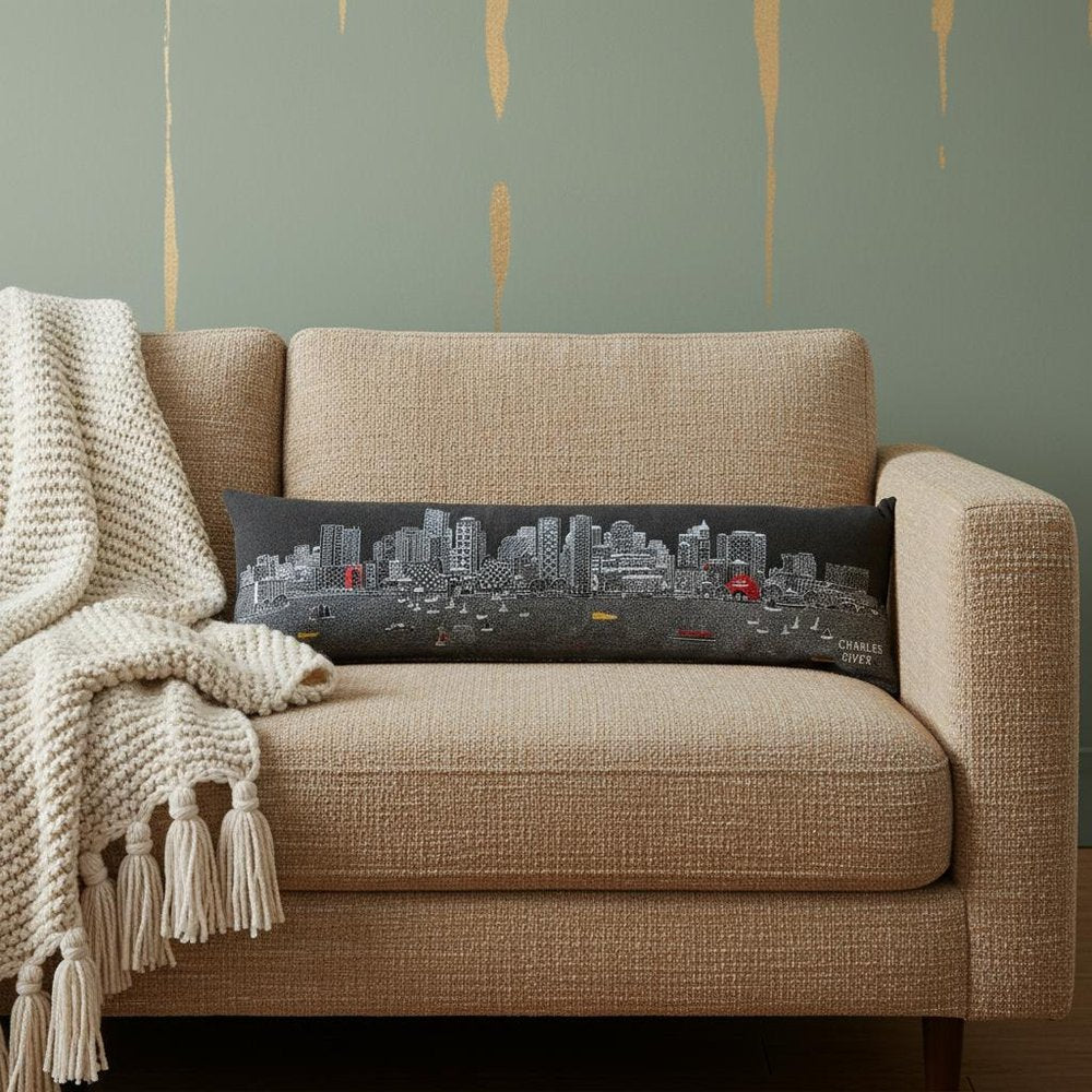 14" X 45" Dark Gray And White Boston Night Skyline Lumbar Decorative Pillow