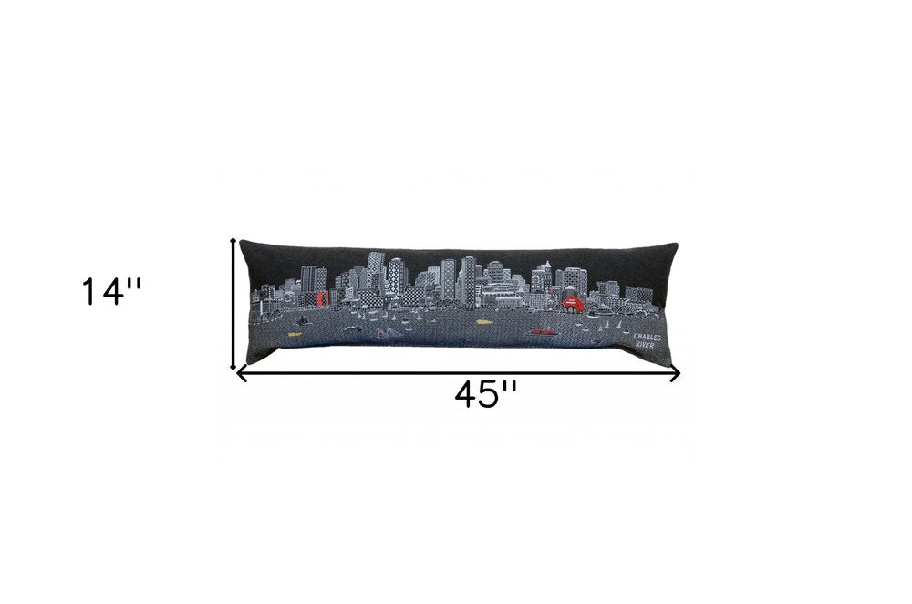 14" X 45" Dark Gray And White Boston Night Skyline Lumbar Decorative Pillow