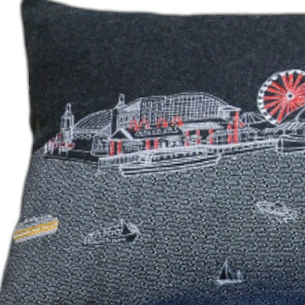 14" X 45" Dark Gray And White Chicago Nighttime Skyline Lumbar Decorative Pillow