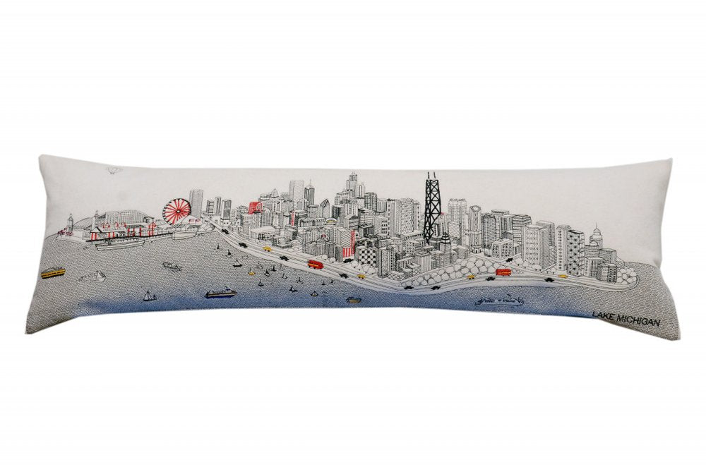 14" X 45" Cream Lumbar Chicago Daylight Skyline Lumbar Decorative Pillow