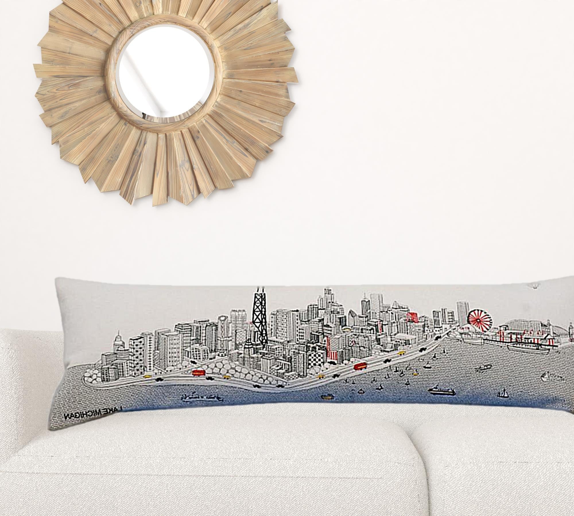 45" White Chicago Daylight Skyline Lumbar Decorative Pillow