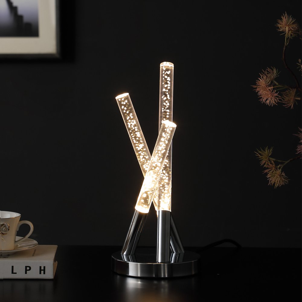 15" Silver Acrylic and Metal Three Rod Abstract Table Lamp
