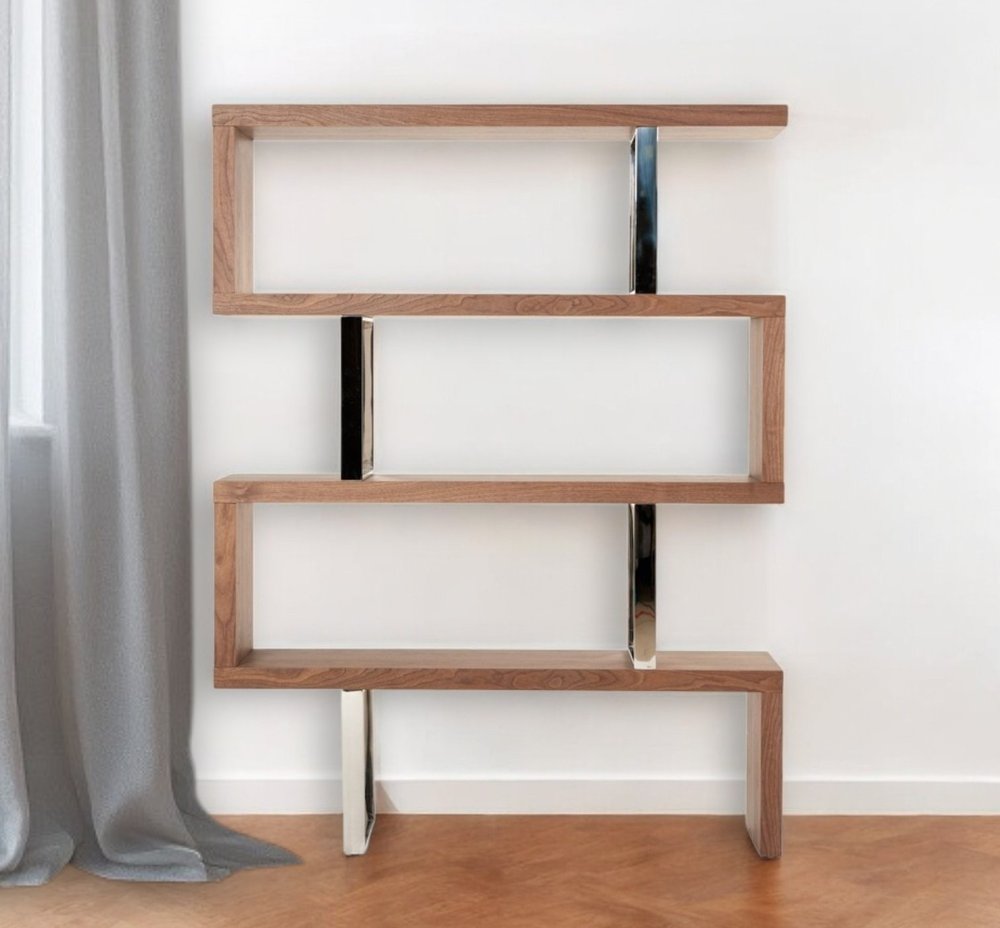 67" Walnut Manufactured Wood Four Tier Zig Zag Bookcase