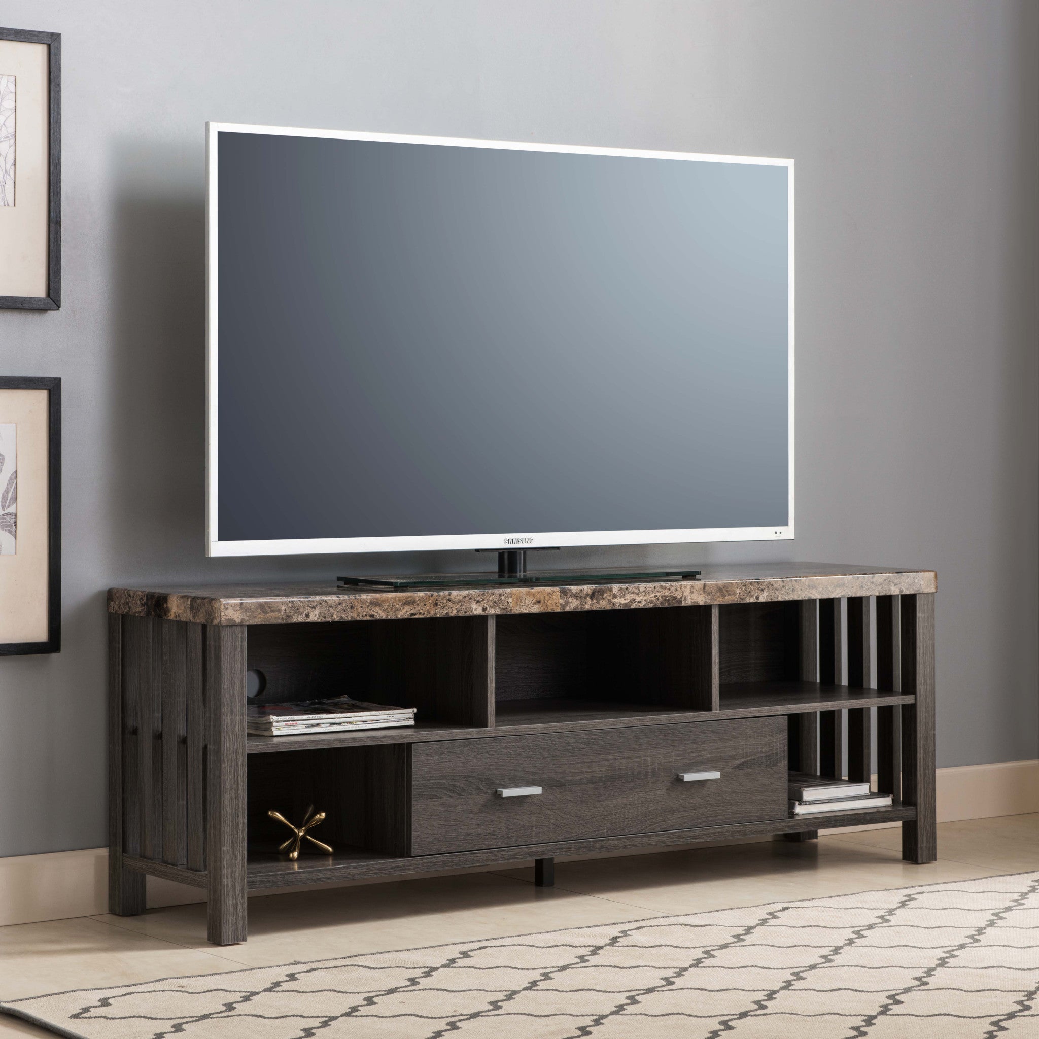 60" Dark Grey Faux Marble And Manufactured Wood Cabinet Enclosed Storage TV Stand