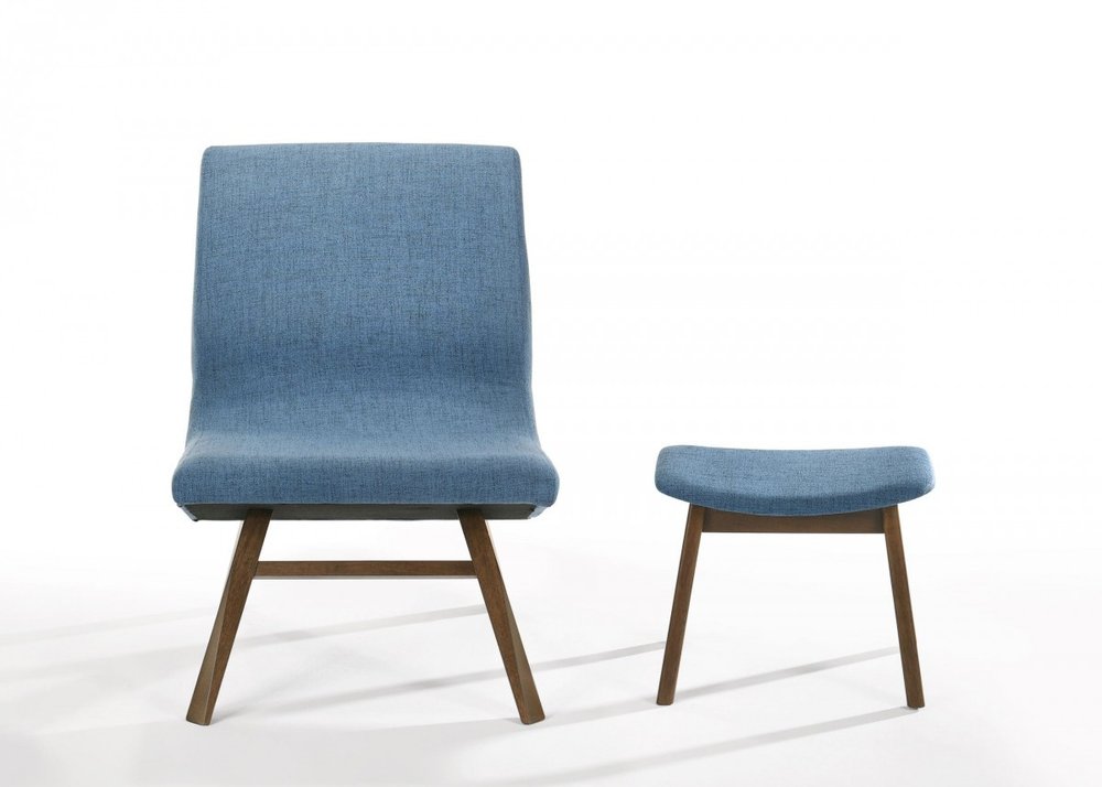 22" Blue And Brown Upholstered Lounge Chair With Ottoman