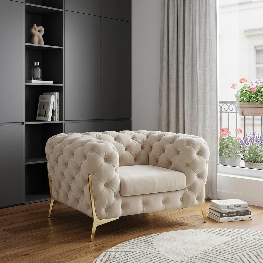 50" Beige And Gold Velvet Tufted Lounge Chair