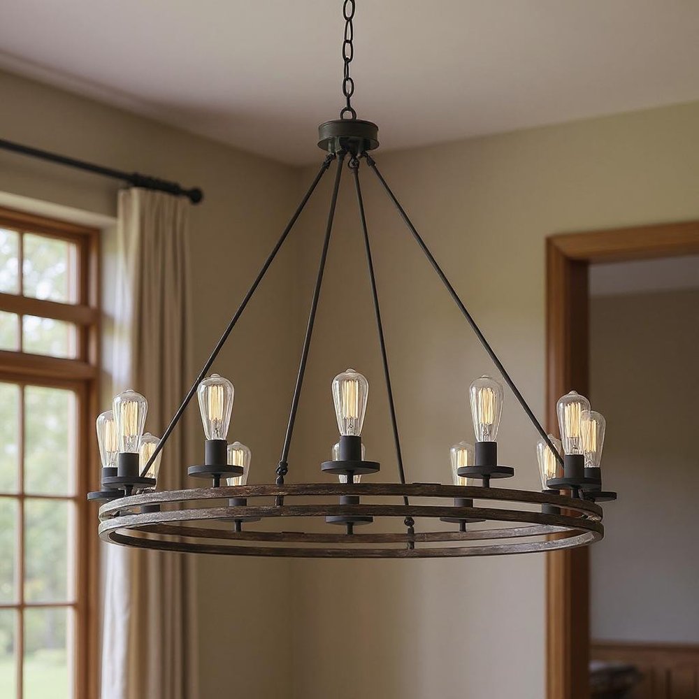 Brown And Black Candle Style Twelve Light Metal Dimmable Chandelier